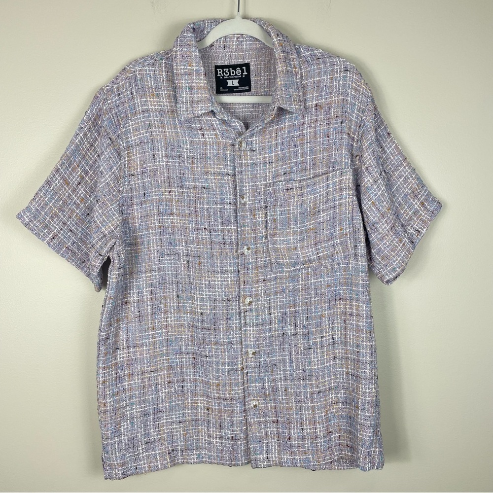 R3bel Button Down Mens Large Short Sleeve Urban Shirt Top Knit Casual Purple - Picture 8 of 8